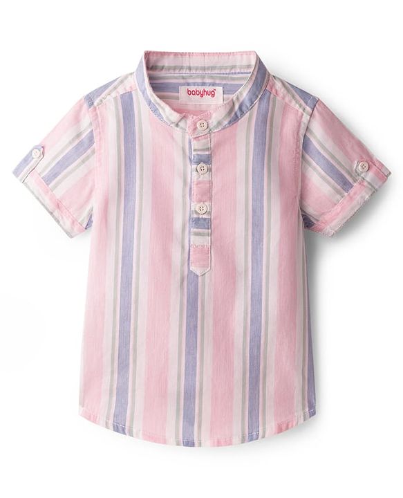 Babyhug Cotton Woven Half Sleeves Striped Shirt & Shorts Set - Beige