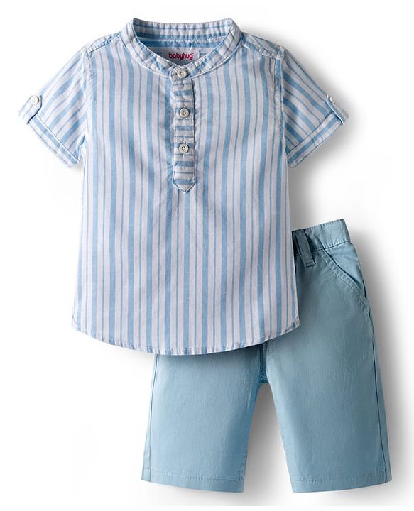 Babyhug Cotton Knit Half Sleeves Shirt and Shorts Sets with  Stripes - Light Blue & White