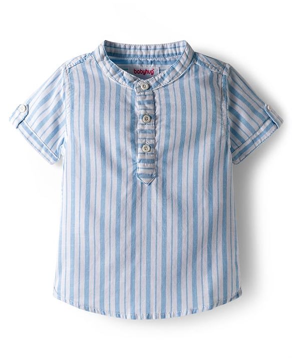 Babyhug Cotton Knit Half Sleeves Shirt and Shorts Sets with  Stripes - Light Blue & White