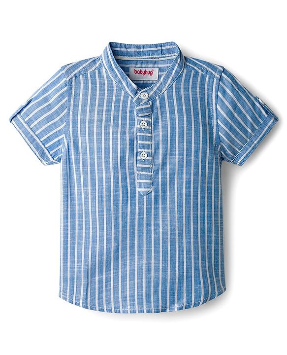 Babyhug Cotton Woven Half Sleeves Mandarin Collar Shirt & Denim Shorts Set With Stripes - Blue