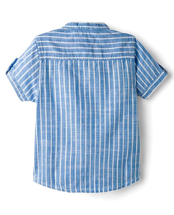 Babyhug Cotton Woven Half Sleeves Mandarin Collar Shirt & Denim Shorts Set With Stripes - Blue