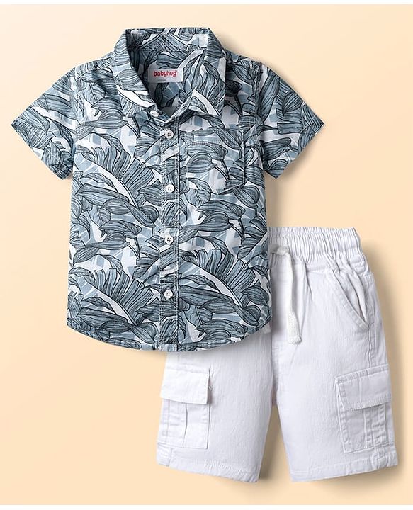 Babyhug 100% Cotton Woven Half Sleeves Shirt & Shorts Set With Leaves Print - Blue & White