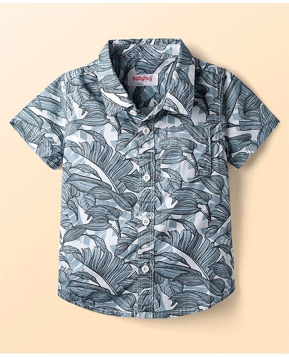 Babyhug 100% Cotton Woven Half Sleeves Shirt & Shorts Set With Leaves Print - Blue & White