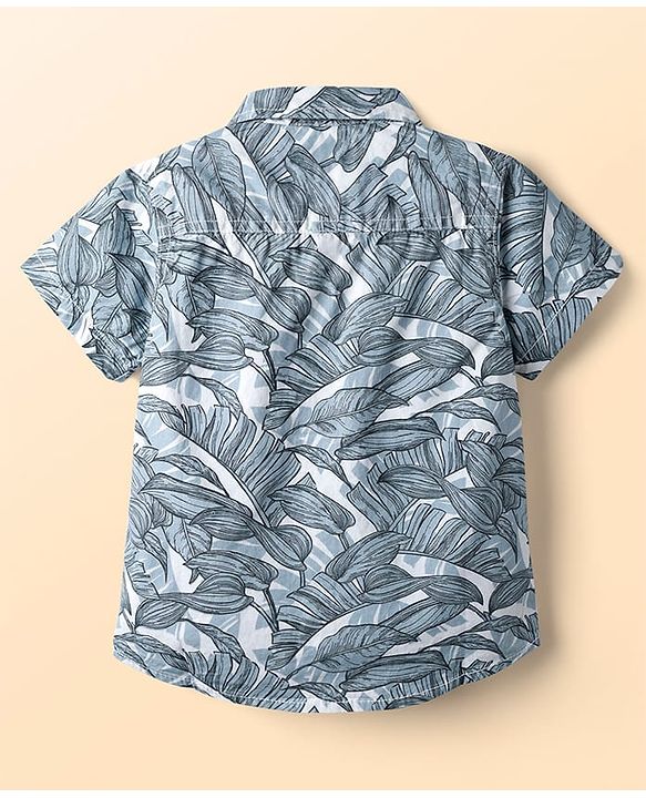 Babyhug 100% Cotton Woven Half Sleeves Shirt & Shorts Set With Leaves Print - Blue & White