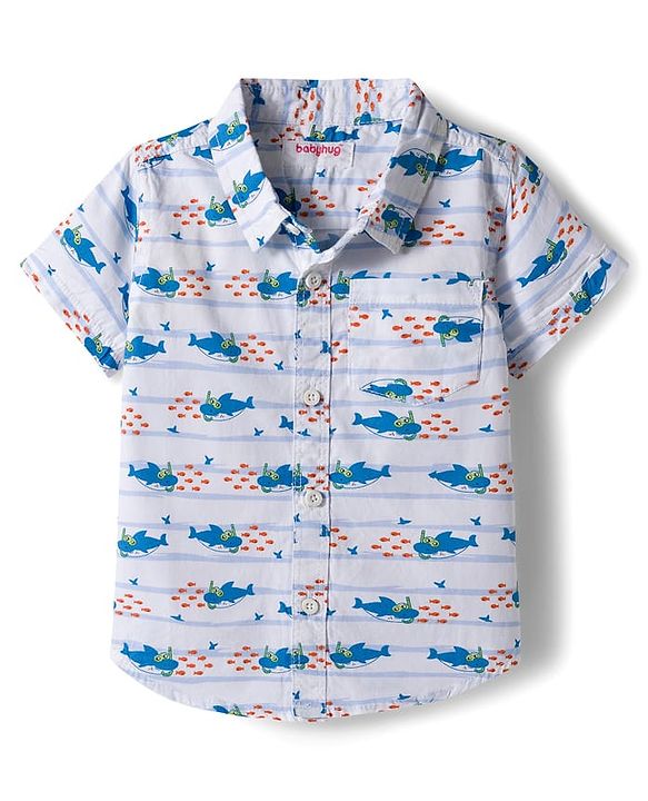 Babyhug Cotton Woven Half Sleeves Shirt & Denim Shorts Set with Sea Life Print - Blue & White