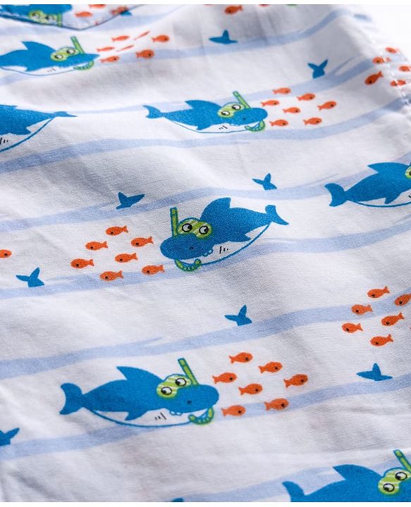 Babyhug Cotton Woven Half Sleeves Shirt & Denim Shorts Set with Sea Life Print - Blue & White