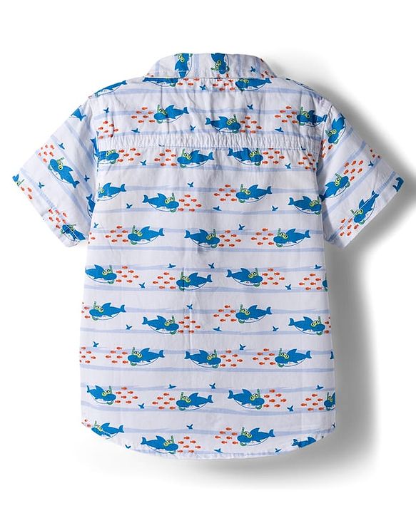 Babyhug Cotton Woven Half Sleeves Shirt & Denim Shorts Set with Sea Life Print - Blue & White