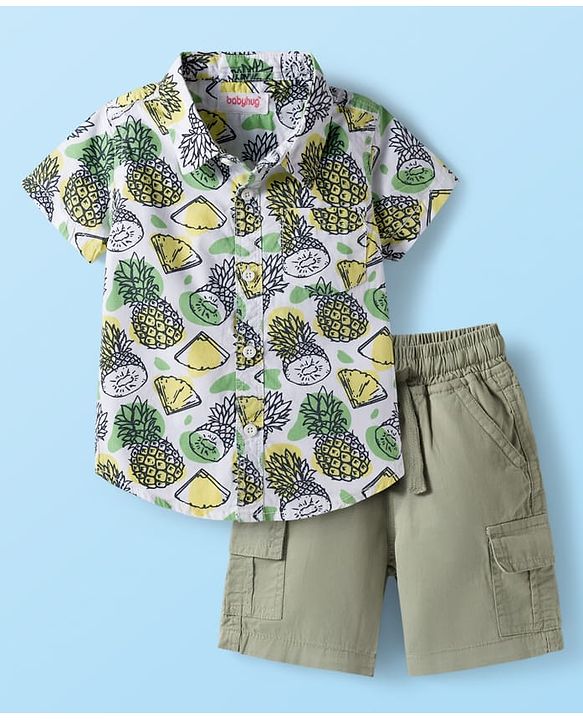 Babyhug Cotton Knit Half Sleeves Shirt and Shorts Sets with Tropical Print - Olive Green & White