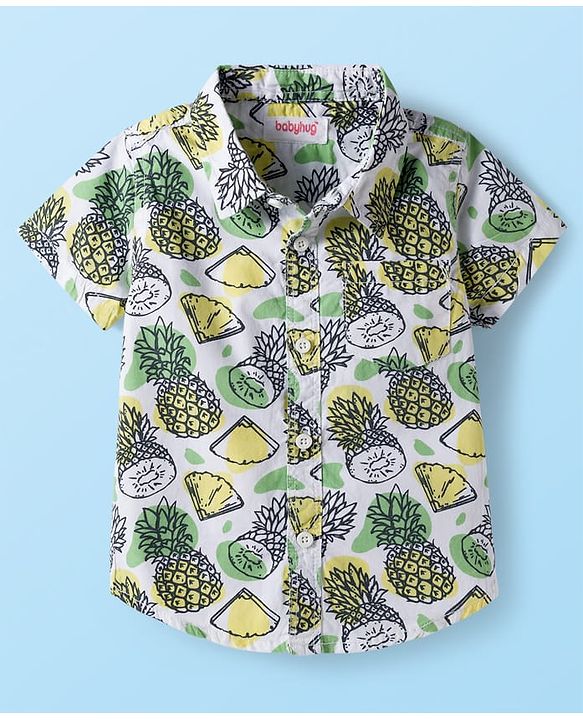 Babyhug Cotton Knit Half Sleeves Shirt and Shorts Sets with Tropical Print - Olive Green & White