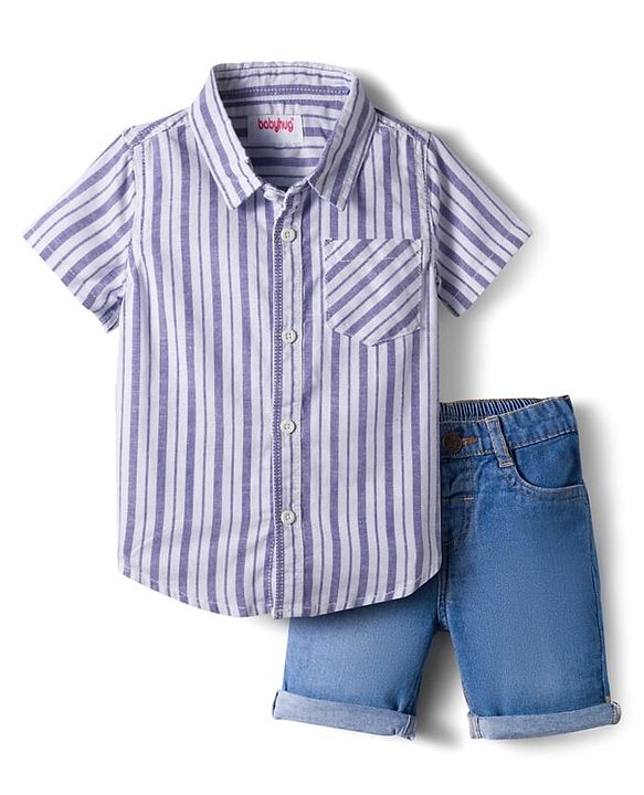 Babyhug Cotton Woven Half Sleeves Shirt & Shorts Set With Stripes - Blue & White