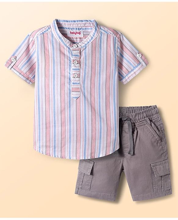 Babyhug Cotton Woven Half Sleeves Front Buttons Mandarin Collar Shirt and Shorts Set with Stripes - White & Grey