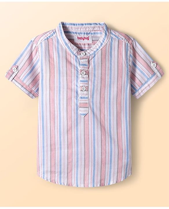 Babyhug Cotton Woven Half Sleeves Front Buttons Mandarin Collar Shirt and Shorts Set with Stripes - White & Grey