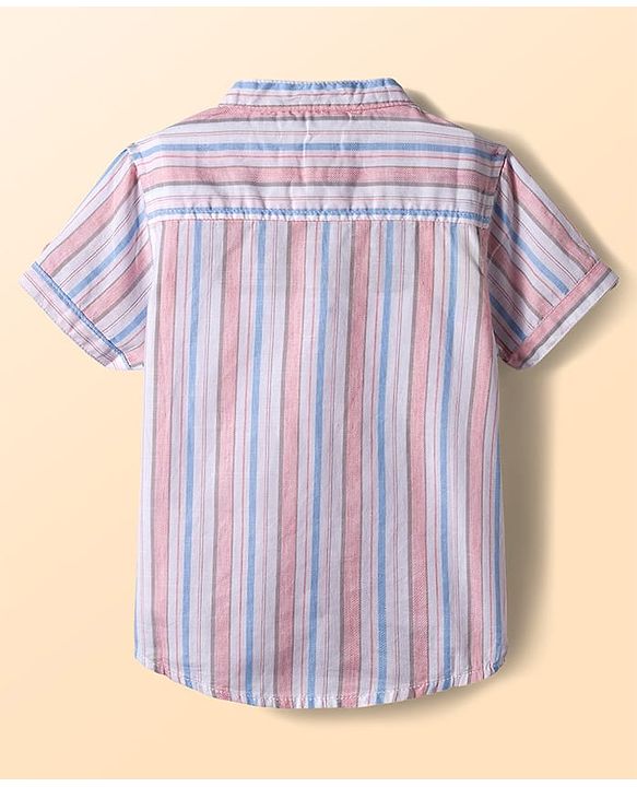 Babyhug Cotton Woven Half Sleeves Front Buttons Mandarin Collar Shirt and Shorts Set with Stripes - White & Grey
