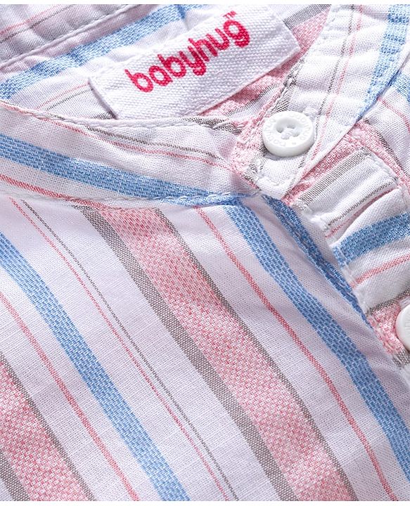 Babyhug Cotton Woven Half Sleeves Front Buttons Mandarin Collar Shirt and Shorts Set with Stripes - White & Grey