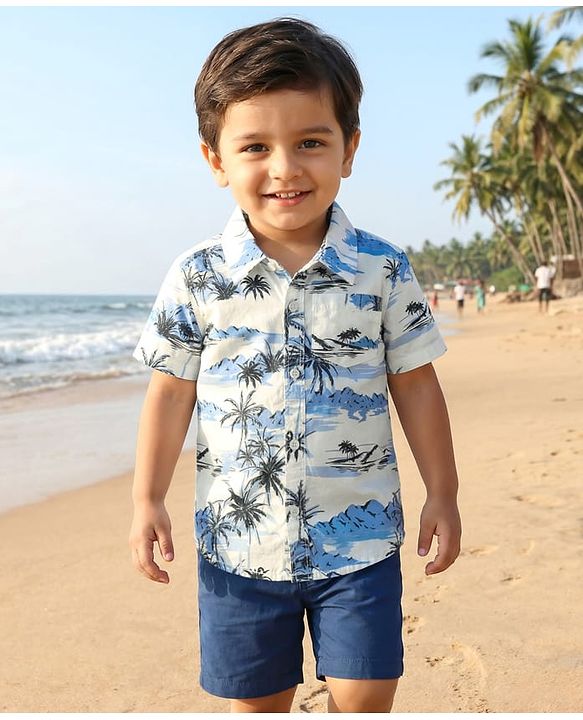 Babyhug Cotton Woven Half Sleeves Shirt & Shorts Set With Tropical Theme Print - White & Blue