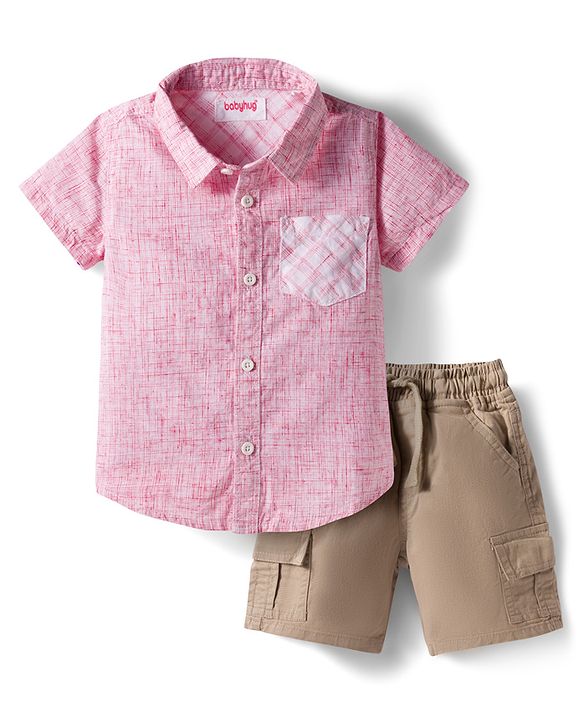 Babyhug Cotton Woven Half Sleeves Shirt & Shorts Set With Stripes - Pink