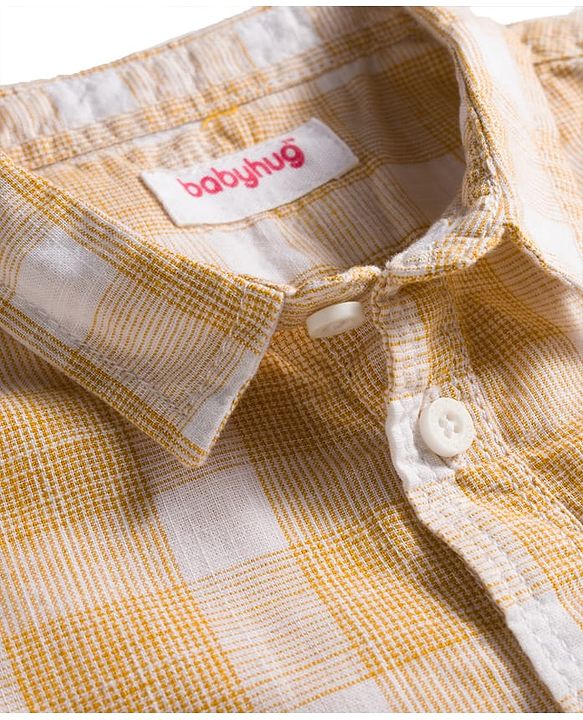 Babyhug Cotton Woven Half Sleeves Shirt and Short With Pockets & Checks - White & Yellow