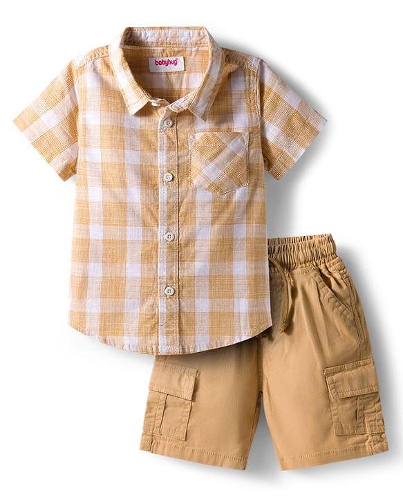 Babyhug Cotton Woven Half Sleeves Shirt and Short With Pockets & Checks - White & Yellow