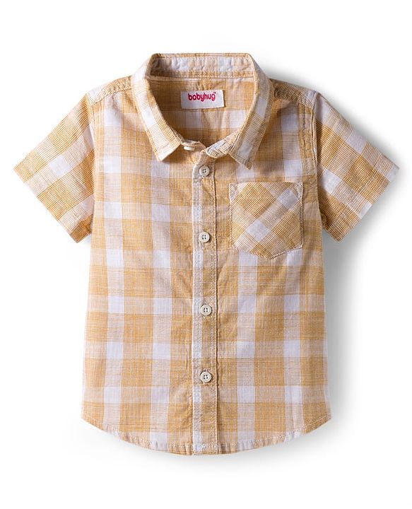Babyhug Cotton Woven Half Sleeves Shirt and Short With Pockets & Checks - White & Yellow
