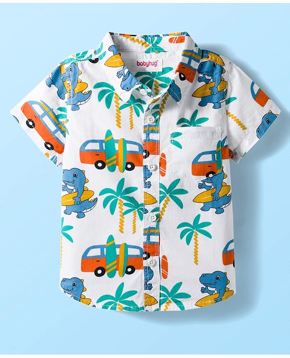 Babyhug Cotton Woven Half Sleeves Shirt & Short Set With Vehicle Print - White & Blue