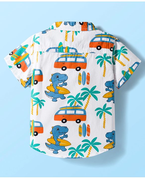 Babyhug Cotton Woven Half Sleeves Shirt & Short Set With Vehicle Print - White & Blue
