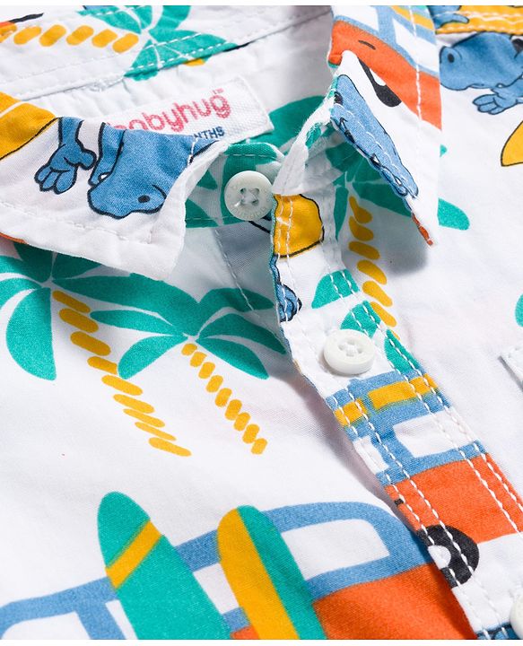 Babyhug Cotton Woven Half Sleeves Shirt & Short Set With Vehicle Print - White & Blue