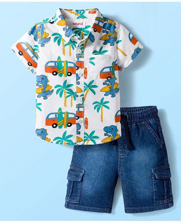 Babyhug Cotton Woven Half Sleeves Shirt & Short Set With Vehicle Print - White & Blue