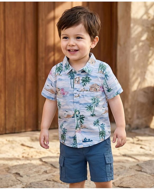 Babyhug Cotton Woven Half Sleeves Shirt and Shorts Set with Beach Theme Print - Navy Blue & White