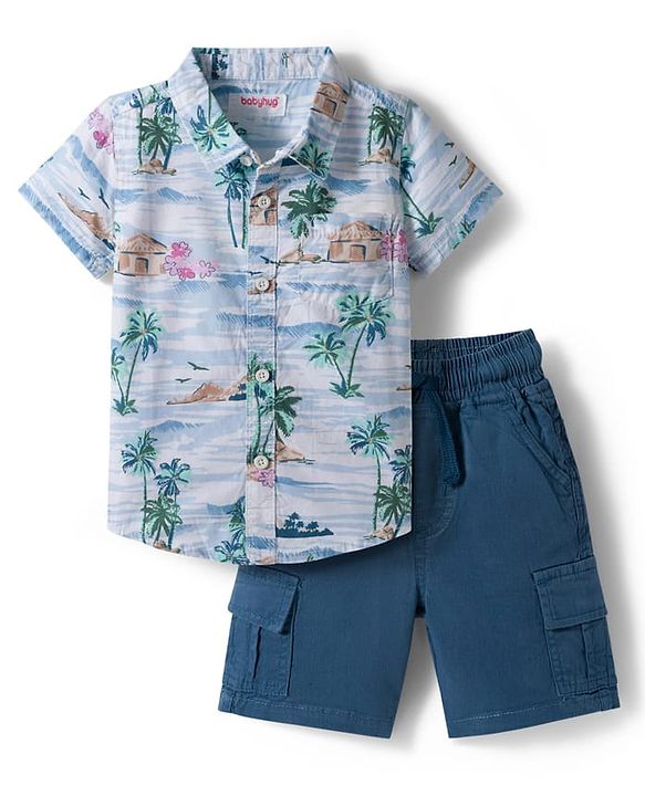 Babyhug Cotton Woven Half Sleeves Shirt and Shorts Set with Beach Theme Print - Navy Blue & White