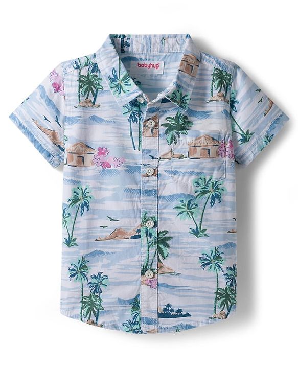 Babyhug Cotton Woven Half Sleeves Shirt and Shorts Set with Beach Theme Print - Navy Blue & White