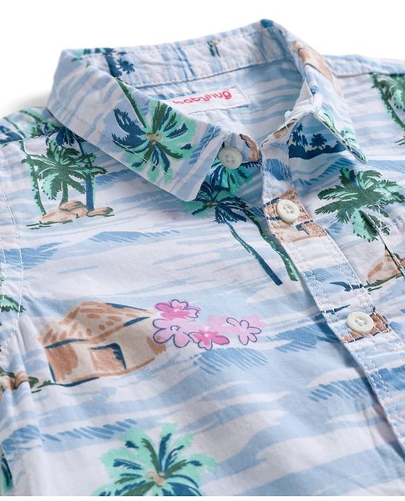 Babyhug Cotton Woven Half Sleeves Shirt and Shorts Set with Beach Theme Print - Navy Blue & White