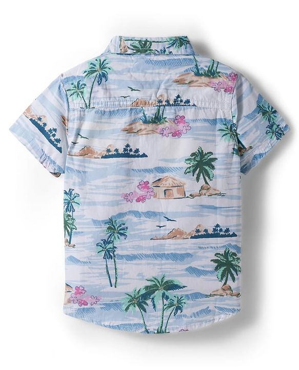 Babyhug Cotton Woven Half Sleeves Shirt and Shorts Set with Beach Theme Print - Navy Blue & White