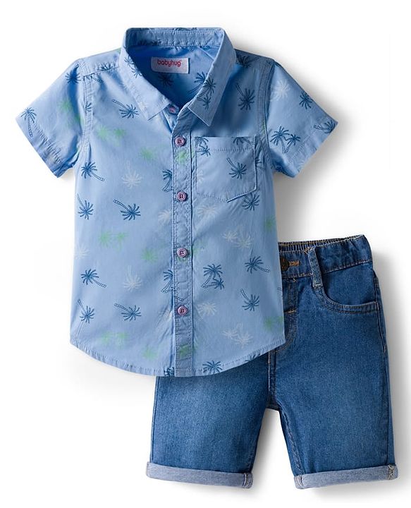 Babyhug Cotton Knit Half Sleeves Shirt and Shorts Sets with Coconut Tree Print  - Light Blue & Blue