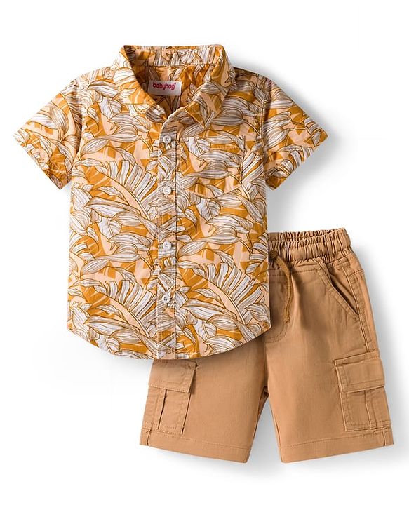 Babyhug Cotton Woven Half Sleeves Shirt & Shorts Set With Leaf Print - Orange & Brown