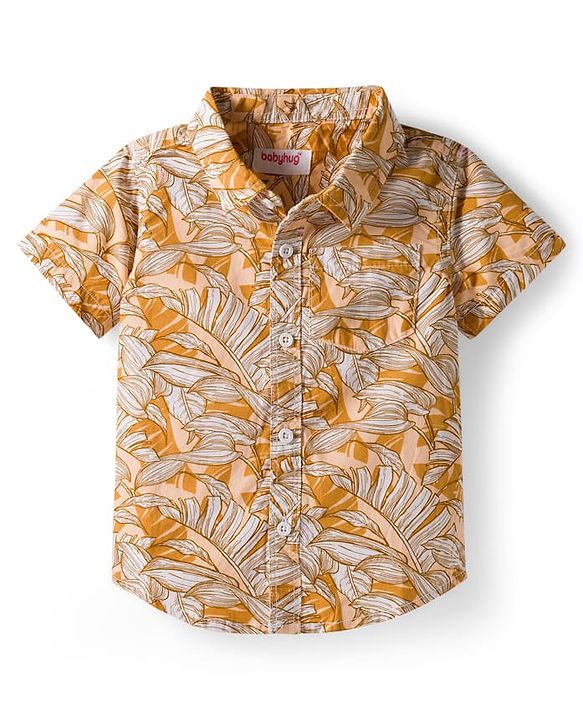 Babyhug Cotton Woven Half Sleeves Shirt & Shorts Set With Leaf Print - Orange & Brown