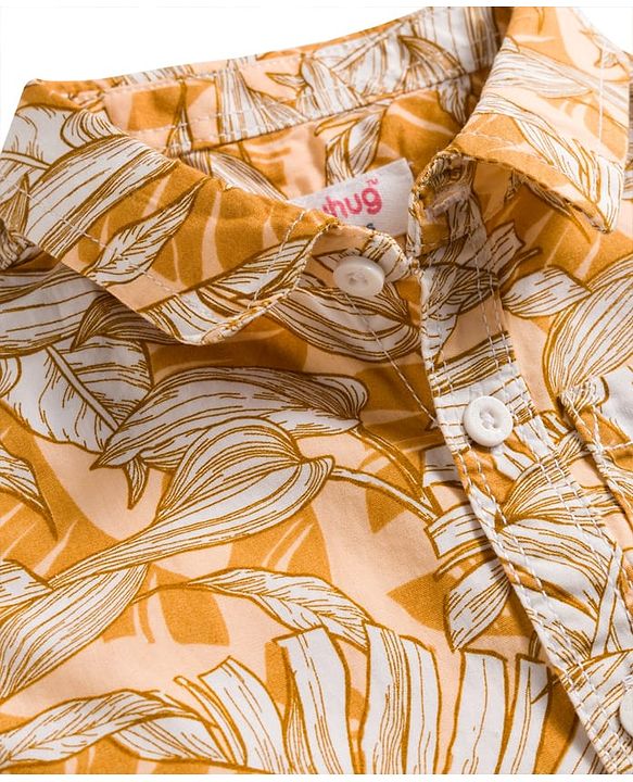Babyhug Cotton Woven Half Sleeves Shirt & Shorts Set With Leaf Print - Orange & Brown