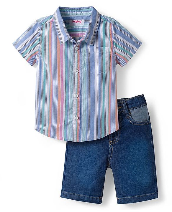 Babyhug Cotton Woven Half Sleeves Striped Shirt & Shorts Set - Blue