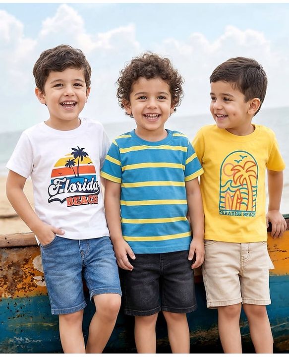 Babyhug 100% Cotton Knit Half Sleeves T-Shirts with Beach Theme Print & Stripes Pack of 3 - White Blue & Yellow