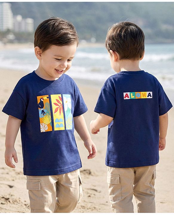 Babyhug 100% Cotton Knit Half Drop Shoulder Sleeves T-Shirt with Tropical Theme Print - Navy Blue