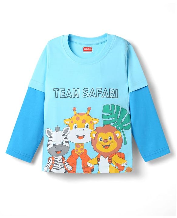 Babyhug Single Jersey Knit Full Sleeves T-Shirt With Animal Print & Team Safari Text Print - Light Blue