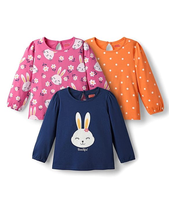 Babyhug 100% Cotton Knit Full Sleeves T-Shirts with Bunny & Polka Dots Print Pack of 3 - Navy Blue Pink & Orange