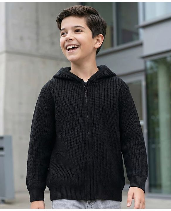 Pine Kids Knit Full Sleeves Solid Color Hooded Front Open Sweater - Black