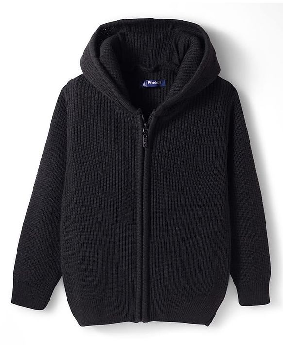 Pine Kids Knit Full Sleeves Solid Color Hooded Front Open Sweater - Black