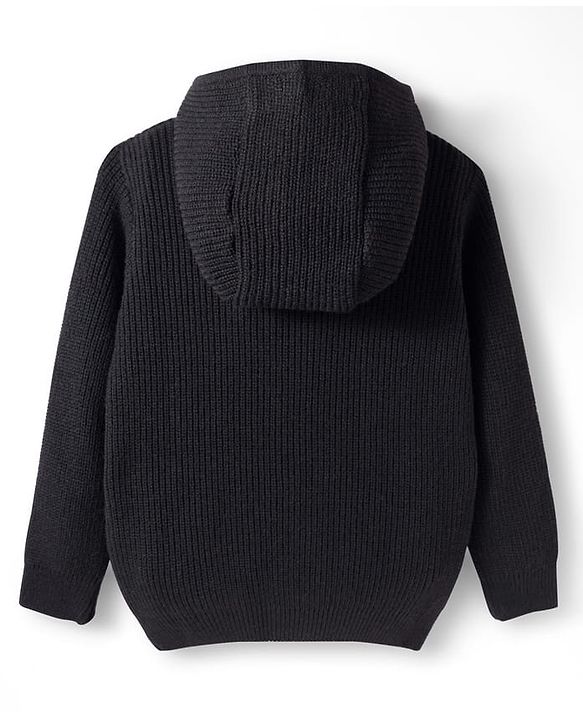 Pine Kids Knit Full Sleeves Solid Color Hooded Front Open Sweater - Black