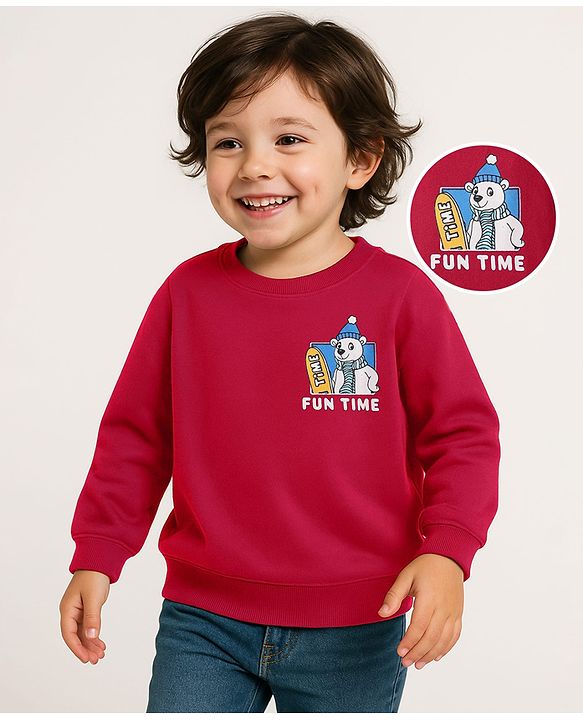 Babyhug Cotton Knit Full Sleeves Sweatshirt with Bear Print - Red