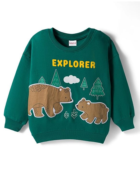 Babyhug Cotton Knit Full Sleeves Pullover Sweatshirt with Bear Patch Detailing - Green