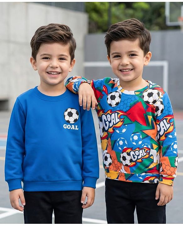 Babyhug Cotton Knit Full Sleeves Sweatshirts With Football Print Pack of 2 - Multicolor