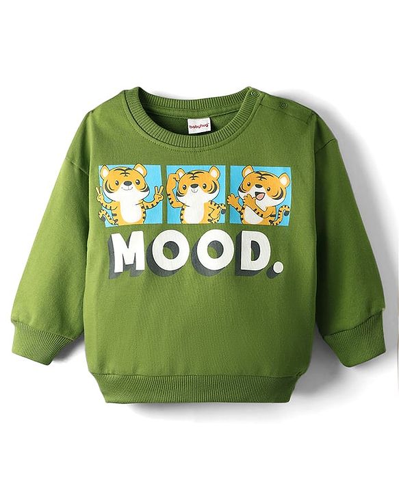Babyhug Cotton Knit Full Sleeves Sweatshirt with Tiger Graphic - Green