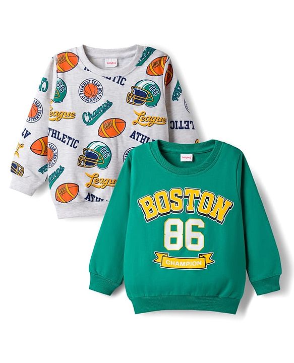 Babyhug Cotton Knit Full Sleeves Rugby Printed Sweatshirts Pack of 2 - Green & White