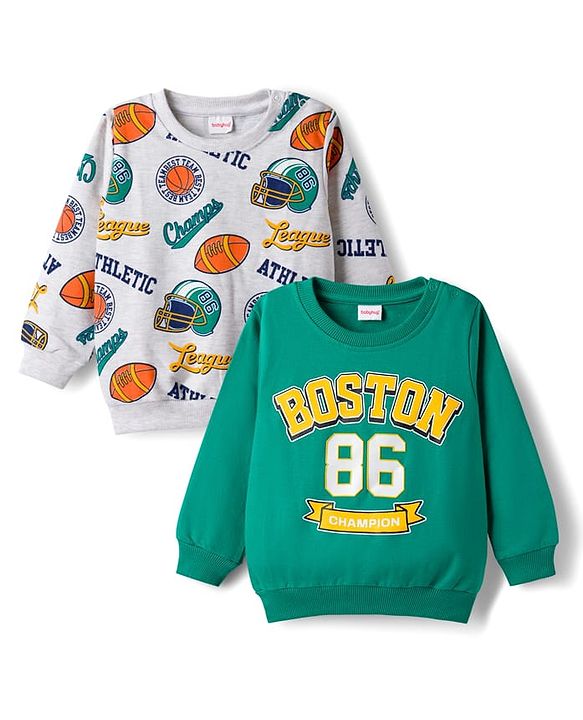 Babyhug Cotton Knit Full Sleeves Rugby Printed Sweatshirts Pack of 2 - Green & White
